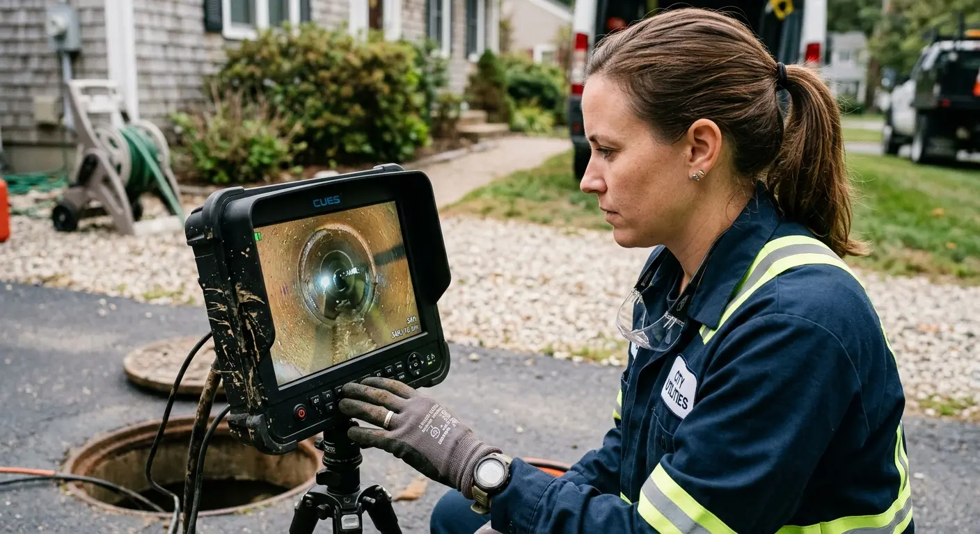 Technician reviewing sewer camera inspection footage in Crouch Mesa