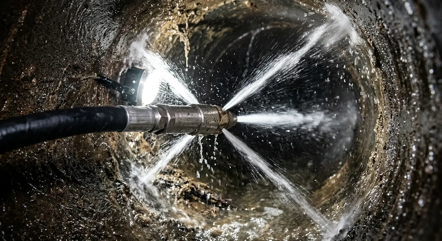 High-pressure hydro jetting nozzle cleaning sewer pipe for Trenchless Sewer Repair in Crouch Mesa