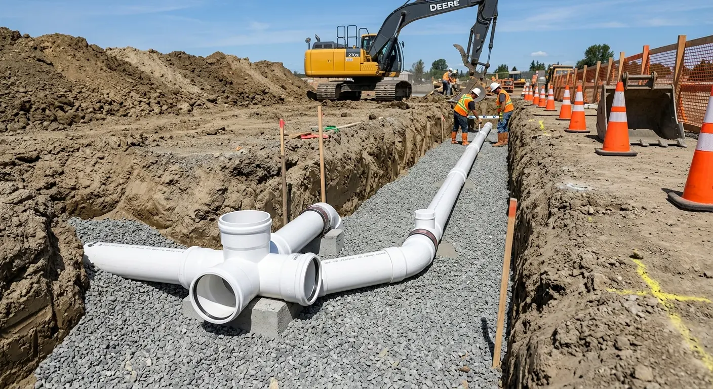 New PVC sewer pipe installation in open trench for Grease Trap Cleaning in Crouch Mesa