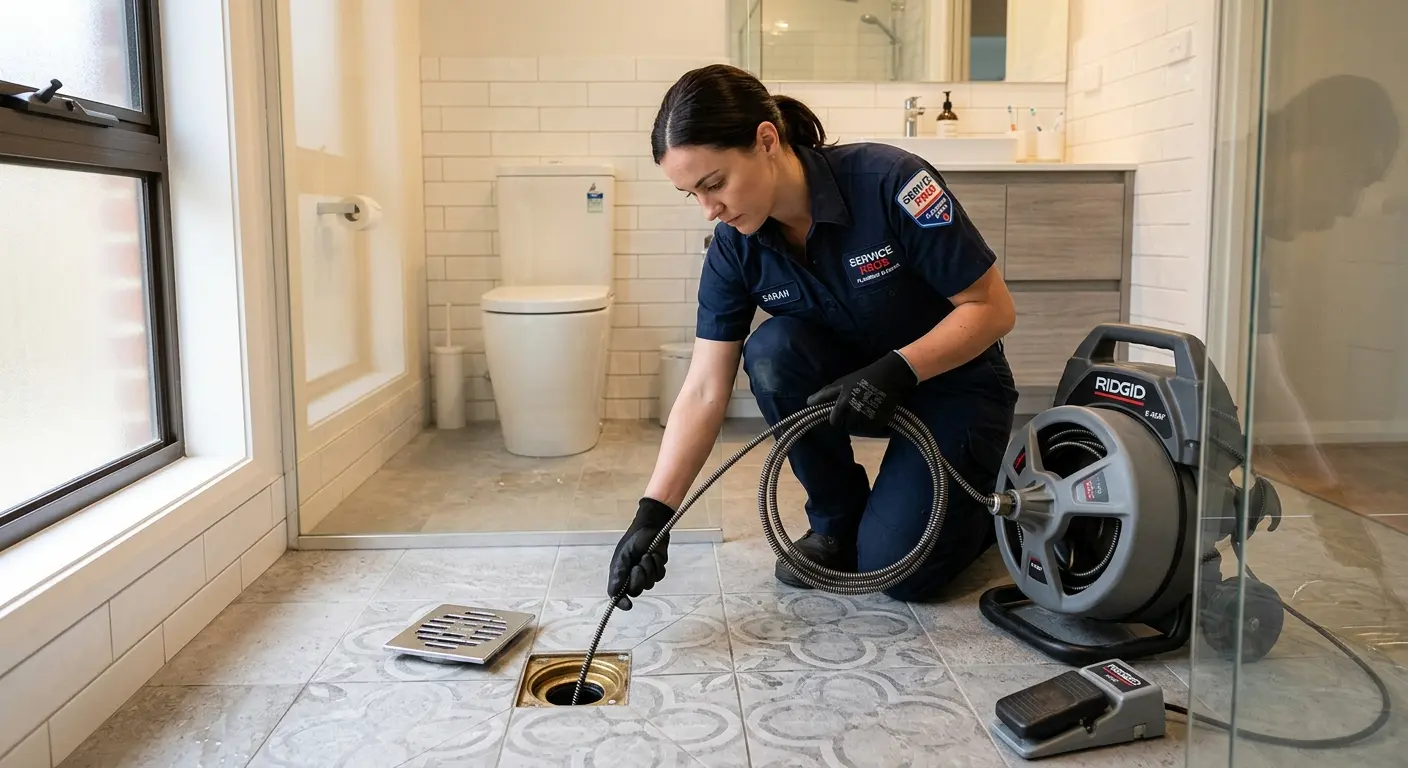 Technician clearing a bathroom floor drain for Sewer Line Replacement in Crouch Mesa